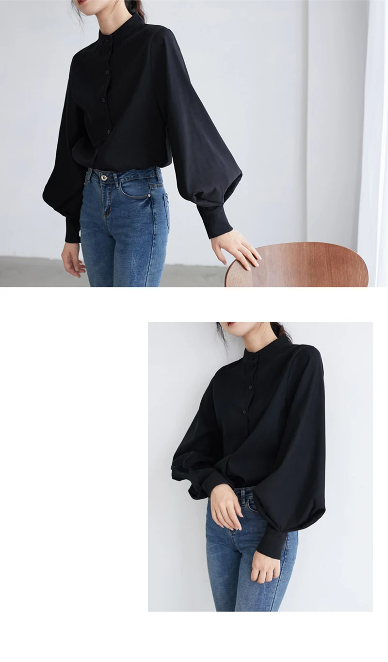 Big Lantern Sleeve Blouse Women Autumn Winter Single Breasted Stand Collar Shirts Office Work Blouse Solid Vintage Blouse Shirts