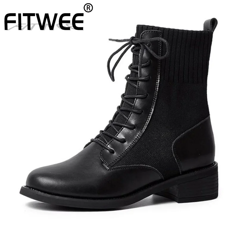 

FITWEE Women Flats Motorcycle Boots Real Leather Comfortable Lace Up Shoes Woman Winter Warm Botas Footwear Size 35-39
