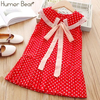 

Humor Bear Sleeveless Girl Dresses New Summer Chiffon Dots Princess Dress Lapel Bow Tie Elegant Kids Dress Children Clothing