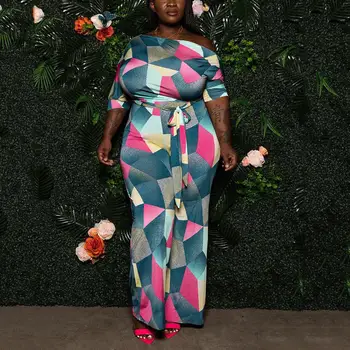 

Women Jumpsuits Long Pants 2020 Plus Size 4XL 5XL Geometric Half Sleeeve Sashes High Waist Sheath Sexy Evening Night Jumpsuits