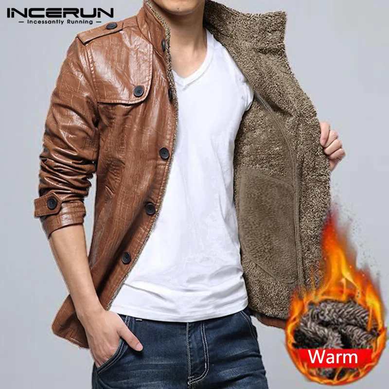

INCERUN Winter Thermal Men Solid Color Long Sleeve Collar Casual Leather Jackets Fashion Slim Fitness Button Mens Windproof Coat