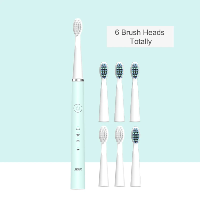 Blue-6 heads SEAGO новая звуковая зубная щетка перезаряжаемая электрическая зубная щетка обновленная автоматическая зубная щетка для взрослых с 6 головками - Цвет: Blue-6 heads
