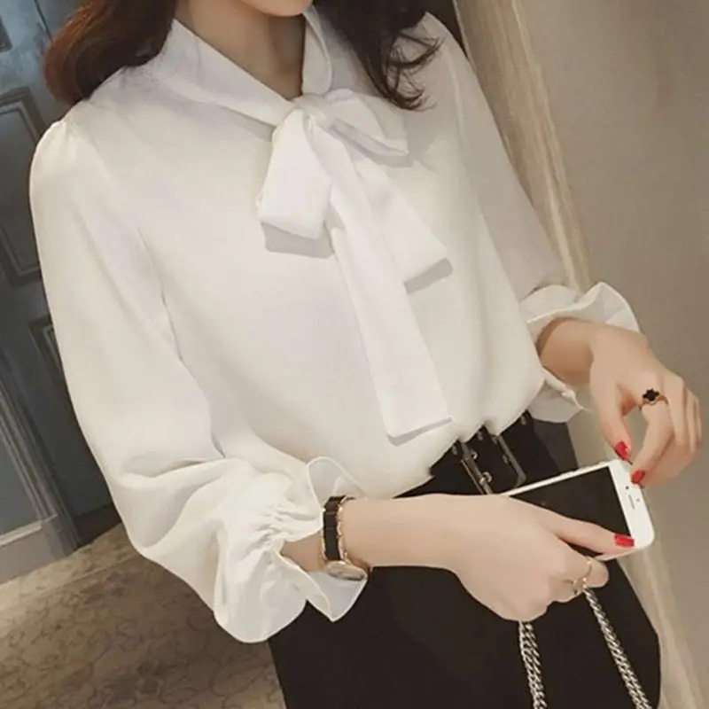 

2021 New Spring Summer Korean Fashion Style Large Size Loose Work Shirt Bow Chiffon Top long sleeve Oversize women shirt blouses