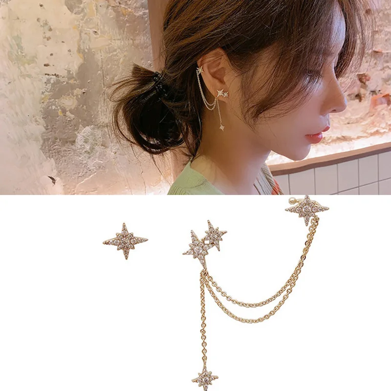 

Korean Gold Color Long Tassel Star Meteor Pendant Shining Crystal Drop Stud Earrings Cuff Women Gifts Fashion Jewelry Findings