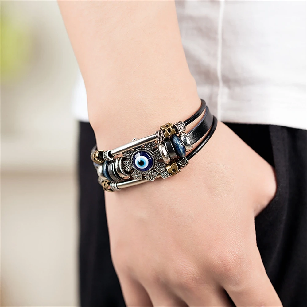 Lucky Eye Turkish Evil Eye Bracelets for Men Women Punk Style Flower Handmade Jewelry Multilayer Black Leather Bracelet Female