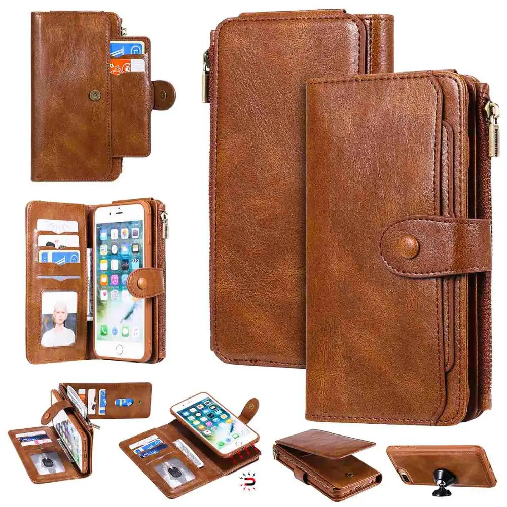 Brown Флип-чехол для iPhone 7, 8 Plus, роскошный Съемный кожаный кошелек, чехол для телефона s, Магнитный чехол для iPhone 11 Pro, 8 Plus, 7 Plus, XS, XR, X - Цвет: Brown