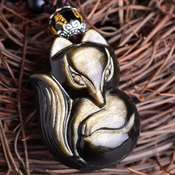 

Natural Gold Obsidian Fox Pendant Necklace Charm Jewellery Fashion Hand-Carved Amulet Man Luck Gifts Sweater Chain