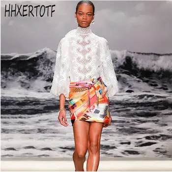 

2020 spring White Elegant Embroidery Women's Shirt stand Collar Lantern Sleeve Female Shirts Clothing