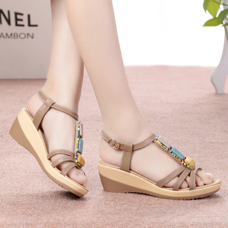 

2019 Summer New Style Genuine Leather Semi-high Heeled Beaded Bracelet Casual Cowhide Peep-Toe WOMEN'S Sandals Waterproof Platfo