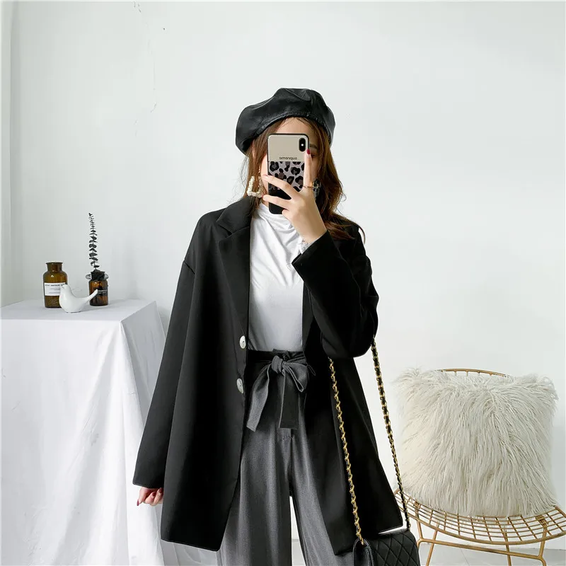 [DEAT] Women Black Solid Color Button Blazer New Lapel Long Sleeve Loose Fit Jacket Fashion Tide Spring Autumn 13E475