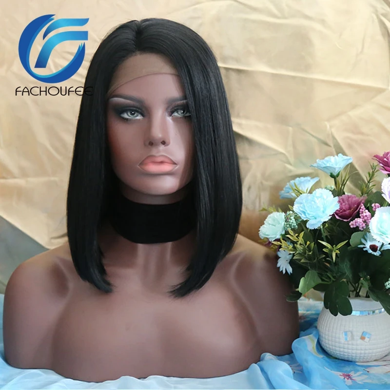 LACHOUFFE Black Color Synthetic Hair 13*6 Lace Front Wigs with Baby Hair Straight Hair Short BoB Lace Wigs with Pre Plucked
