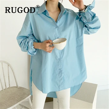 

RUGOD Office ladies shirts vintage solid turn-down collar single-breasted women blouse 2020 spring korean white irregular tops