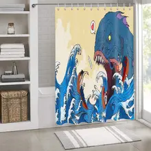 

Japanese Monster Shower Curtain Marine Blue Ocean Waves Creature Bath Curtain Waterproof Polyester Bathroom with Hooks Decor