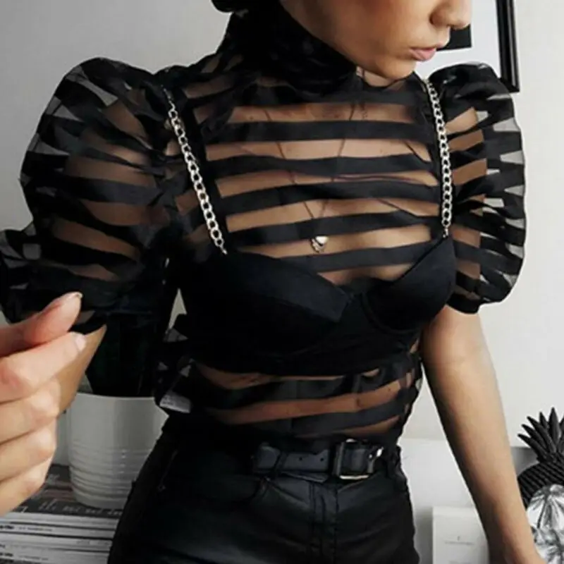 Women Turtleneck Mesh See Through Tops Back Bowtie Striped Shirt Blouse  Sexy Classy Party Clubwear Sexy Chic Streetwear Shirts - AliExpress Women's  Clothing