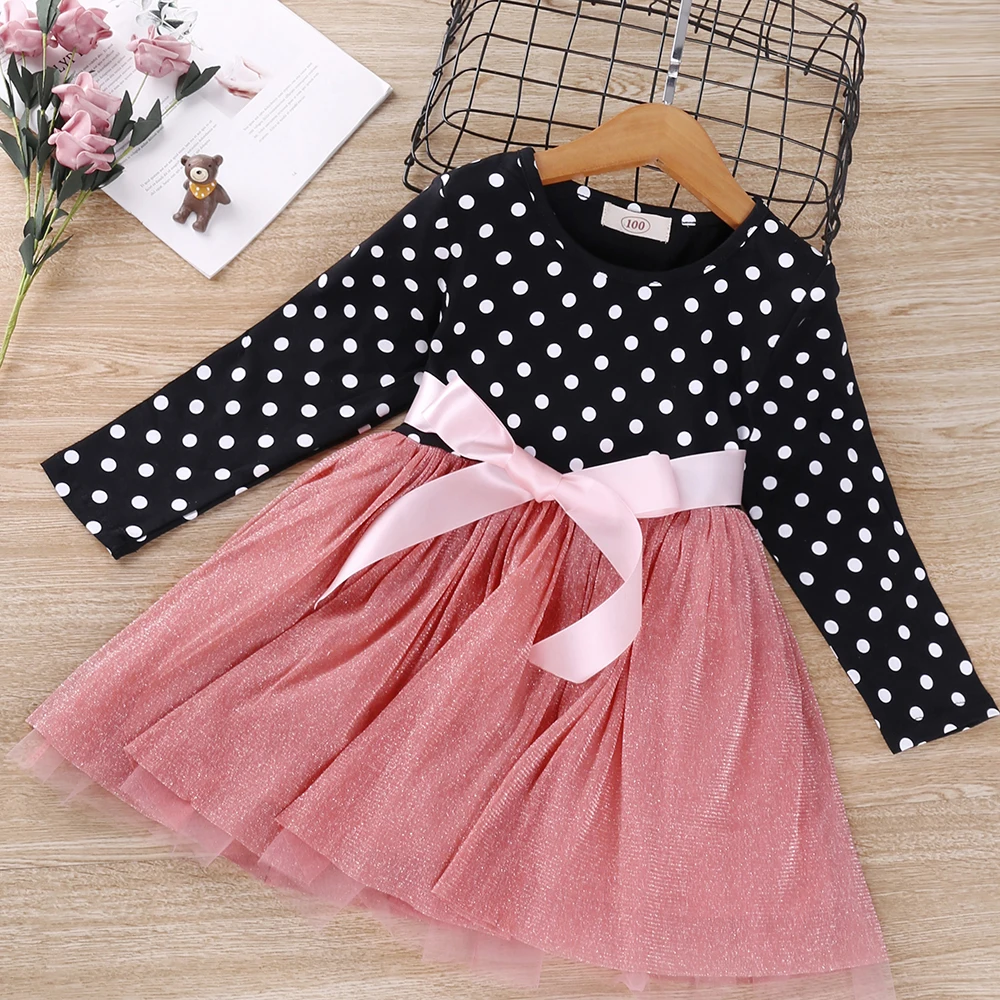 

HE Hello Enjoy Girl Baby Dress 2020 Spring Long Sleeve Polka Dot Dresses Bow Princess Teenage Casual Daily Kids Dresses For Girl