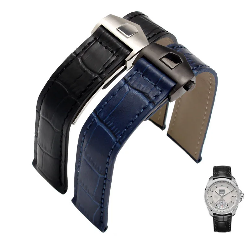 For TAG heuer Genuine Leather watchband blue Black  with red stitches bracelet 19 20 22mm for men Wrist band with folding clasp