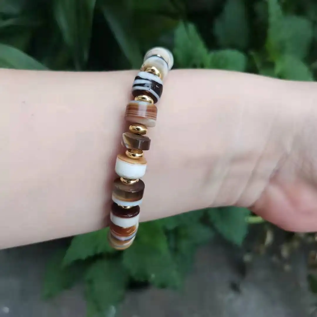 

Century Natural Stripe Agate Antique Bead Pill Shaped Bracelet Re-Skewer Old Things Simple Fashion Man Woman Jewelry