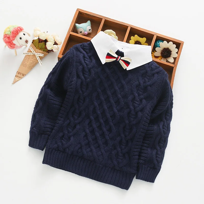 Navy Blue (single) Детские свитера, трикотажная школьная форма для мальчиков и девочек, свитер, детский теплый толстый свитер с отложным воротником на осень и зиму - Цвет: Navy Blue (single)