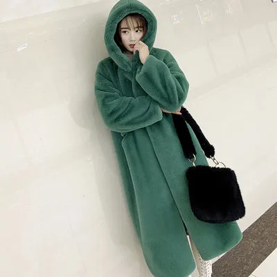 Agate green Зимнее женское высококачественное пальто из искусственного кроличьего меха роскошное длинное меховое пальто Свободное пальто с капюшоном толстое теплое плюшевое пальто больших размеров - Цвет: Agate green