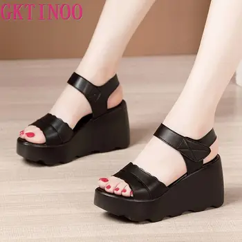 

GKTINOO Summer women shoes 8cm heel height Open Toe women sandals fashion sandals peep-toe platform lady summer shoes leather