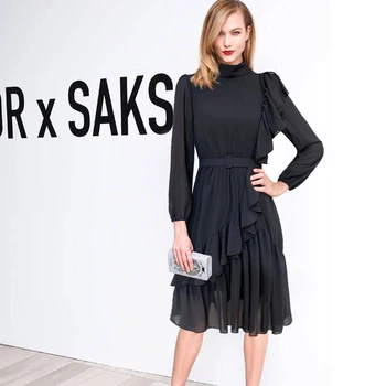 

2020 Fall Designer Long Sleeve Ruffles Elegant Temperament Slim Party Belt Black Dress Women'S High Quality New Fashion
