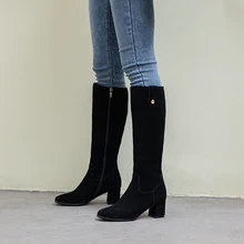 Женские зимние сапоги до колена из натуральной замши на толстом высоком каблуке элегантные женские черные узкие высокие сапоги винтажная длинная теплая обувь