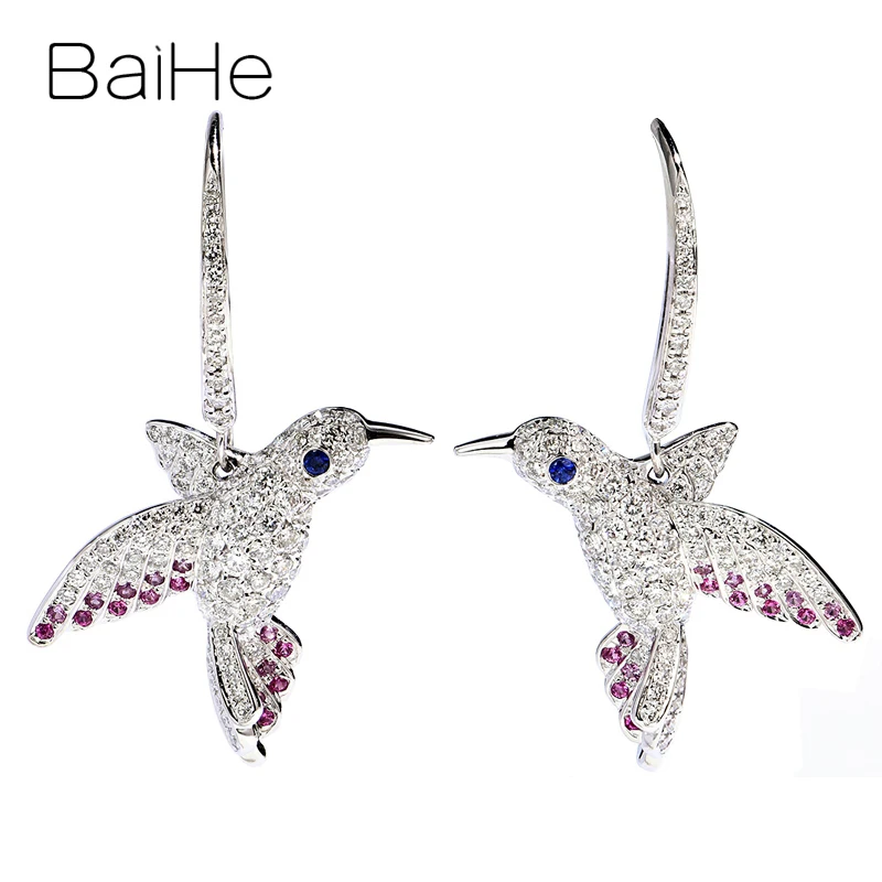 

BAIHE Solid 14K White Gold Natural Diamonds Blue/Pink Sapphirs Animal Swallow Stud Earrings Ear Hook Trendy Fine Jewelry Aretes