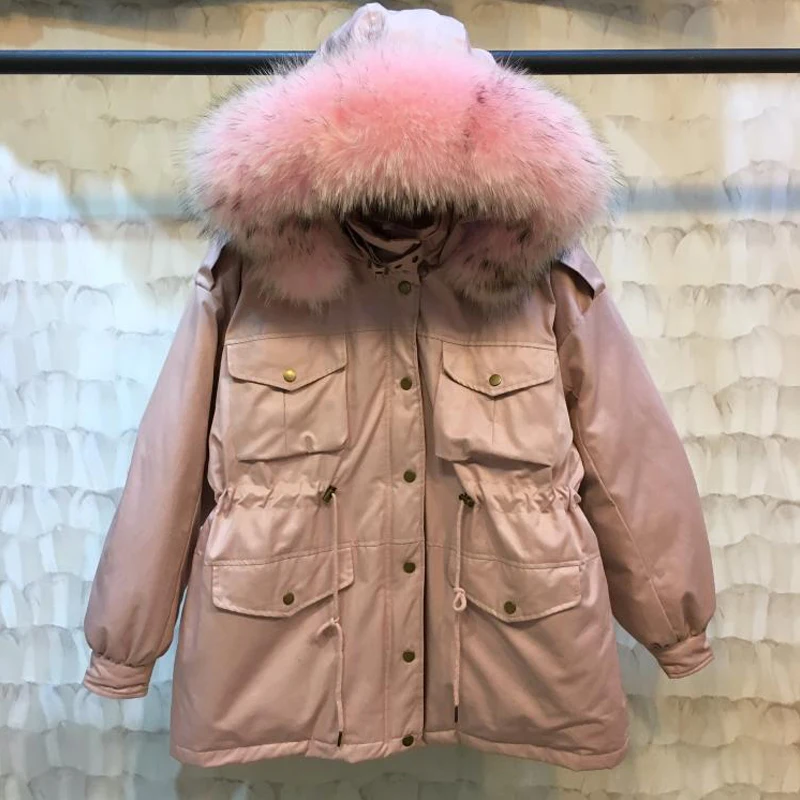 

Winter Women Warm Hooded Down Jacket Coat 90% White Duck Down Parka Large Raccoon Fur Collar Streetwear Down Outerwear
