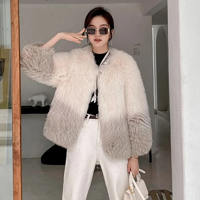 New Women Warm Elegant Faux Fox Fur Coat Korean Fashion Winter Fluffy Faux Fur Jacket Outerwear Coat