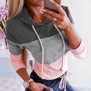

Women patchwork Hooded Sweatshirts 2019 Autumn Winter Long Sleeve Casual Pullovers Lady Drawsting Sweatshirt tops