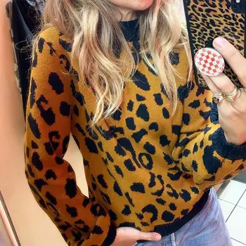 

2020 New Spring Women Leopard O-neck Pullovers Slim Warm Female Tops Casual Fashion Long Sleeve Ladies Bottoming Shirt