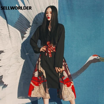 

2020 Woman Japanese Kimono Style Ukiyoe Maid Print Elastic waist Long sleeves Dress