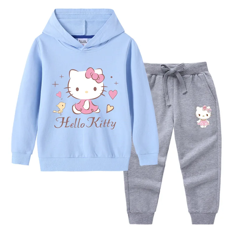 thumbnail image 1 of Hello Kitty-suéter con capucha y cuello alto para niños, pantalones de dos piezas con dibujos animados para niño, traje deportivo informal de manga larga de algodón puro, 1 of 5