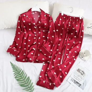 

Satin Sleepwear 2PCS Pajamas Set Spring Autumn New Women Homewear Home Clothes Shirt&Pants Silky Nightwear Pijamas Bathrobe