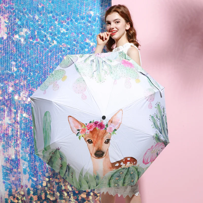 

Simanfei Umbrella Garden Cactus Animal Portable Tri-fold Rain Sunshade Black Plastic Umbrella Male Female Pink Girl Umbrella