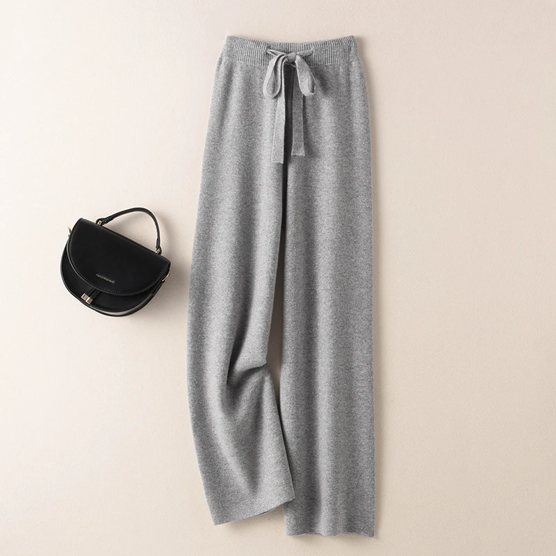 BELIARST 캐시미어 바지 숙녀 하이 웨이스트 와이드 레그 팬츠 캐주얼 니트 바지 2021 겨울 100% pure wool loose women's pants 