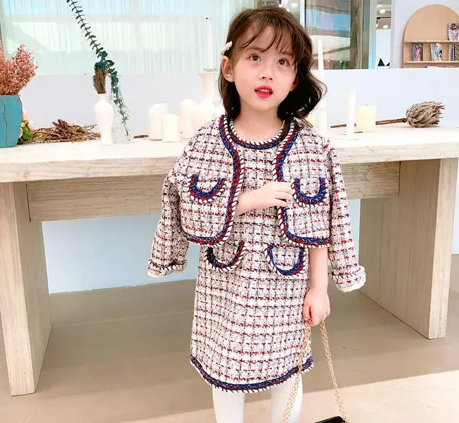 Branded Girls Clothing Sets Autumn Plaid Coat And Vest Dresses 2 pcs Clothes Children Suits Christmas Outfit For Girls