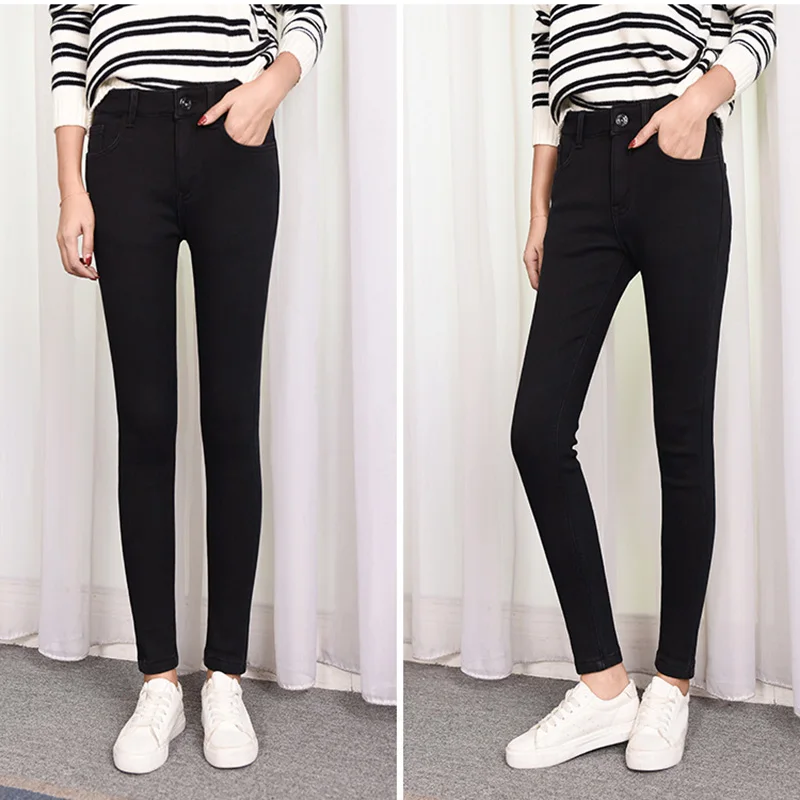Зима плюс бархатные толстые теплые джинсы плюс размер черные стрейч узкие брюки повседневные джинсы с высокой талией Femme