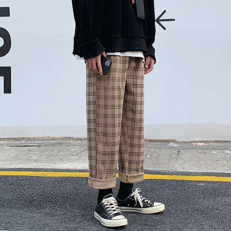Autumn Corduroy Pants Men Fashion Retro Casual Plaid Pants Men Streetwear Hip Hop Loose Straight Trousers Male Large Size M-5XL