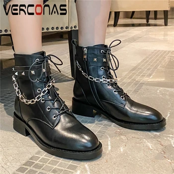 

VERCONAS Fashion Popular Chain Ankle Boots For Women Genuine Leather Shoes Woman Rivets Autumn Winter Casual Side Zipper Boots