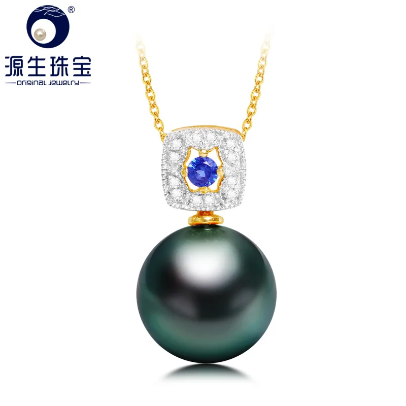 

YS 18K Solid Gold Zircon Pendant 9-11mm Genuine Saltwater Cultured Tahitian Pearl Pendant Necklace