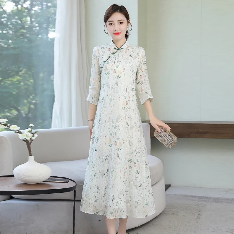 Весенне-летнее винтажное женское платье, свободные с принтом, улучшенное традиционное китайское хлопковое длинное платье 6713