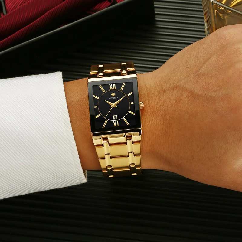 Мужские квадратные золотые часы, мужские, роскошные брендовые золотые мужские часы Wwoor, водонепроницаемые наручные часы, Reloj Hombre