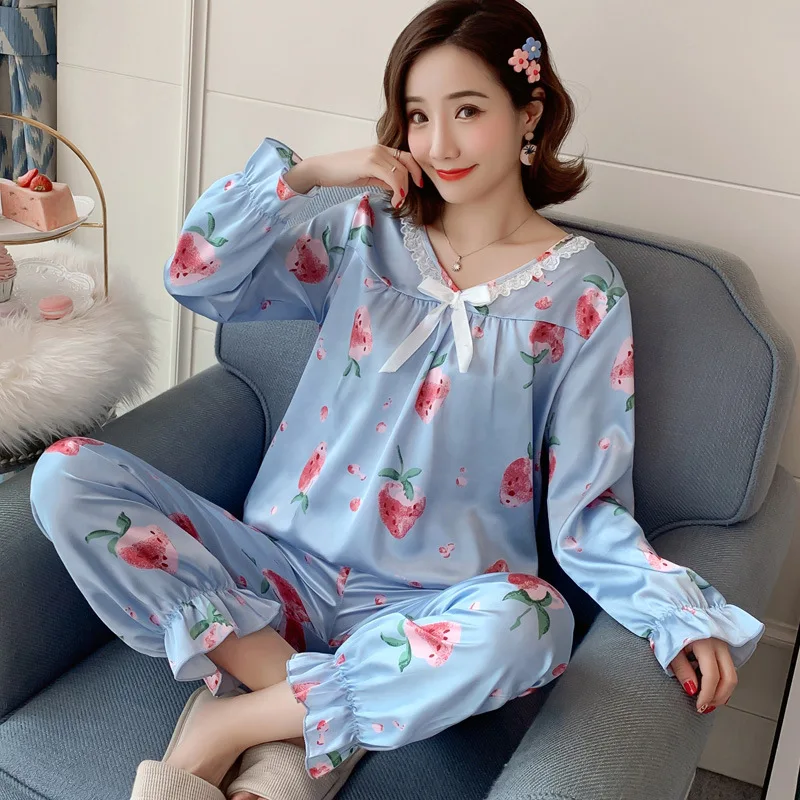 

Pajamas Women's Spring And Autumn Viscose Korean-style Students Fresh Mango Long Sleeve Thin Model Silk Tracksuit Two-Piece Set
