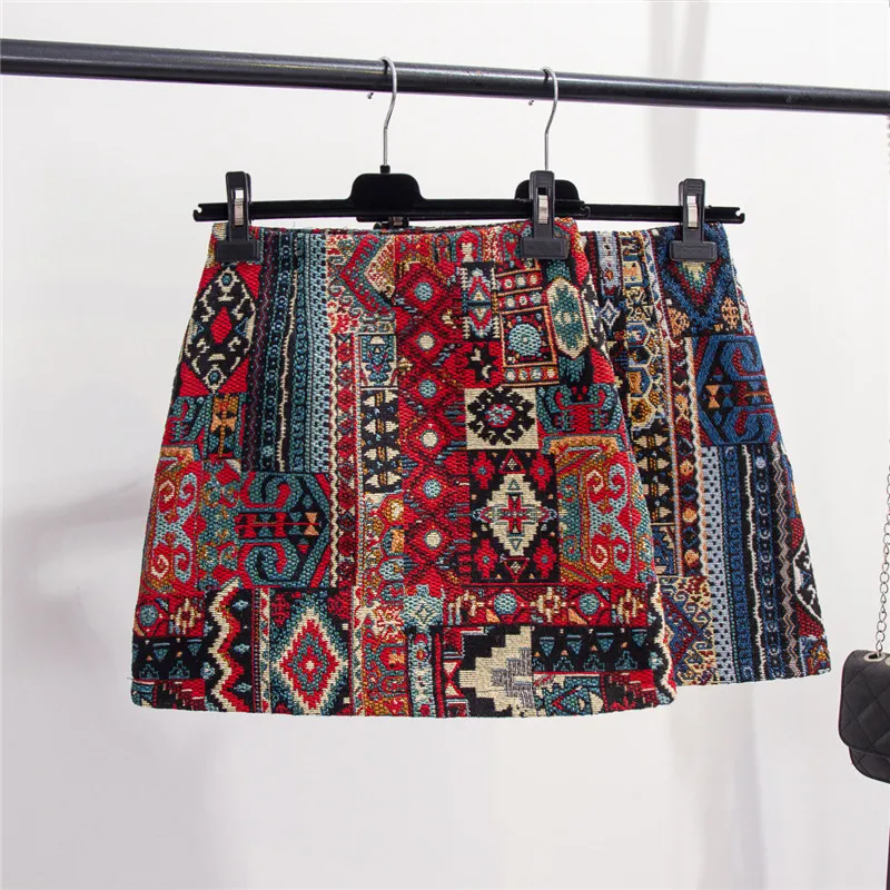 

Vintage National Wind Skirt Lady A-line Mini Short Skirt Sexy Package Hip Women Fall Winter High Waist Clothes Ladies Red Skirts