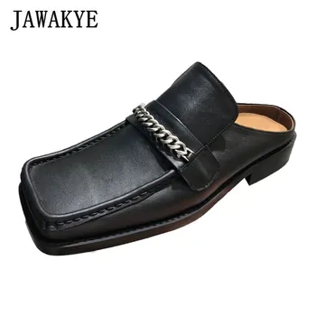 

Retro Square Toe Women Slippers Metal Chain Cow Leather Mules Shoes Spring New Slingback Loafers Lazy Black White Shoes Woman