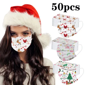 

50pc Disposable Mask Unisex Santa Claus Printed Christmas Soft Masks For Adults 3-layer Masks Breathable Outdoor Mouth Cover