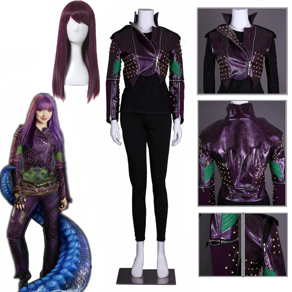 

High Quality Descendants 2 cosplay Mal Cosplay Costumes purple Leather Coat Punk style rivet jacket Custom Made size party Top