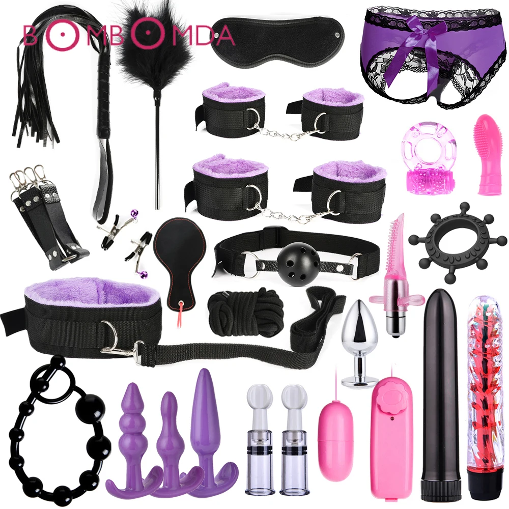 BDSM Kits Adults Sex Toys For Women Men Handcuffs Nipple Clamps Whip Spanking Sex Metal Anal Plug Vibrator Butt Bdsm Bondage Set 1