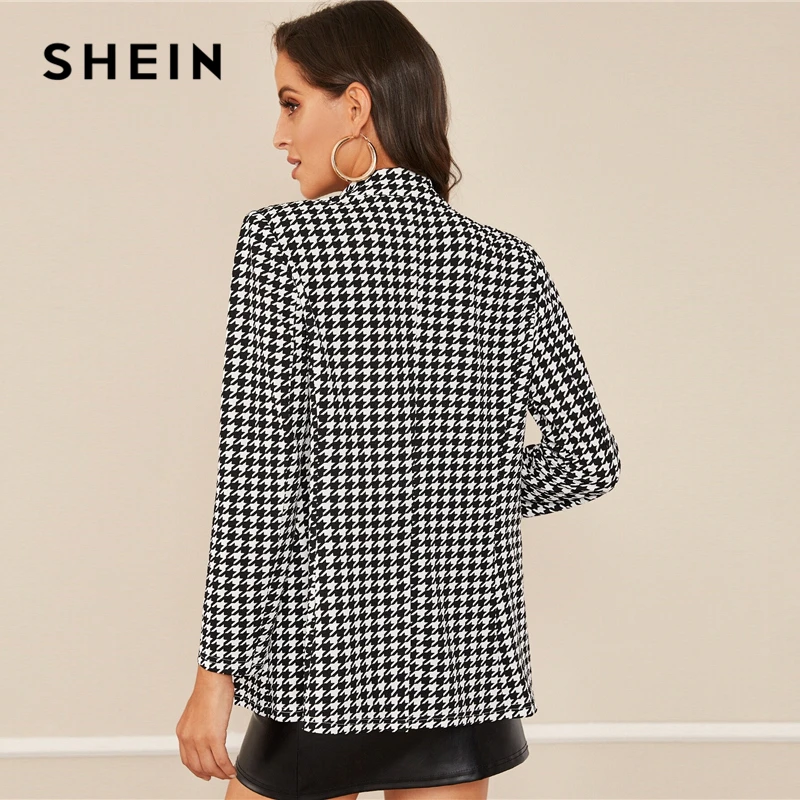 SHEIN черно-белый двубортный блейзер с отложным воротником, женские осенние элегантные офисные платья куртки-блейзеры